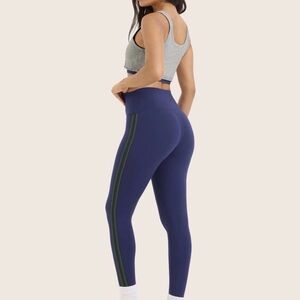 SET Active Deep Blue Leggings with Green Stripe and navy sports bra XS